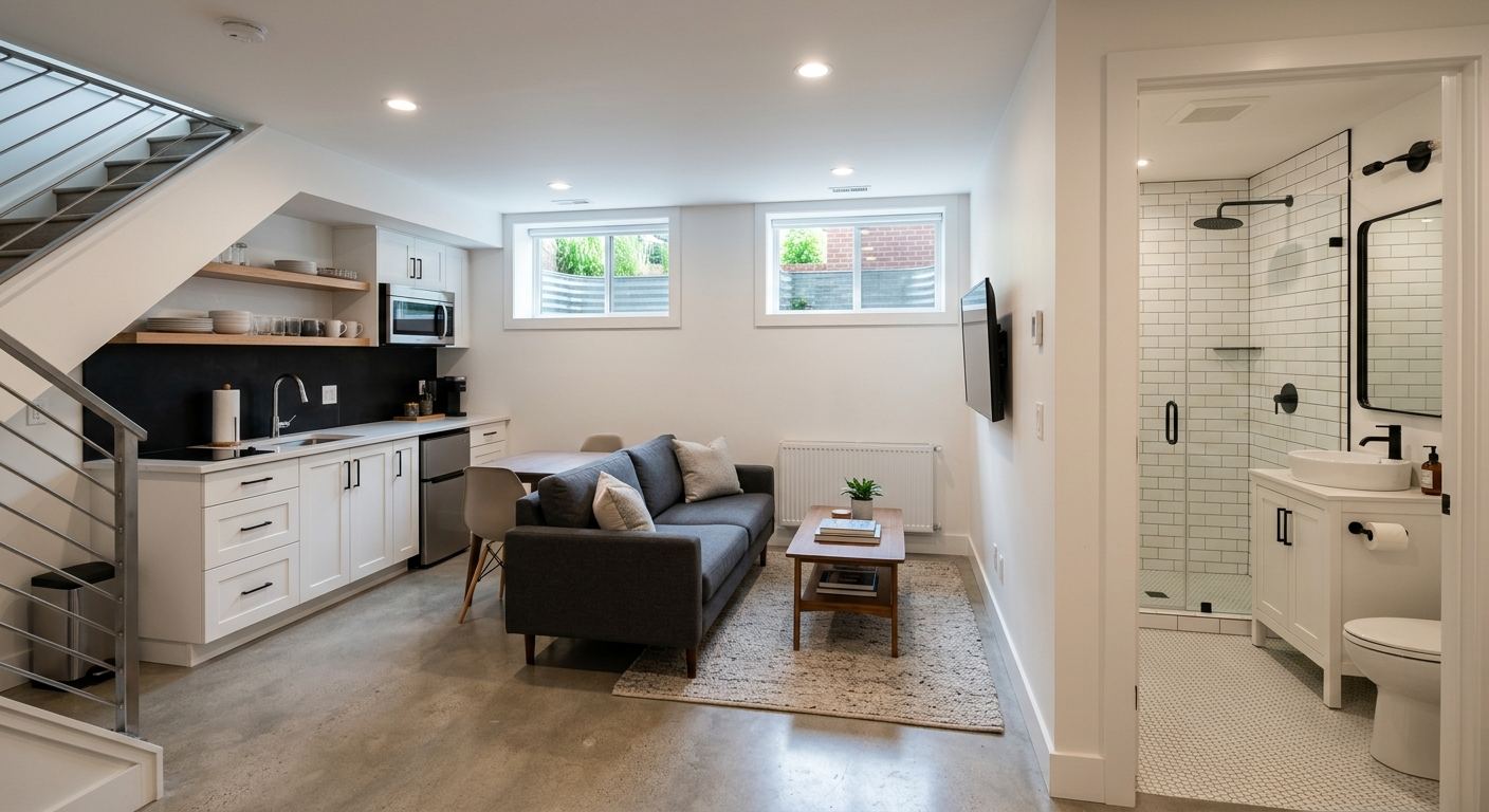 Finished basement in Naramata — open concept design